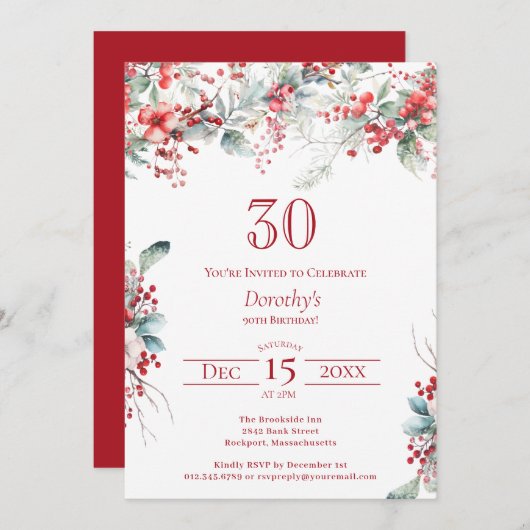 冬エレガントのベリーボタニカル30歳の誕生日 招待状 (正面/裏面)