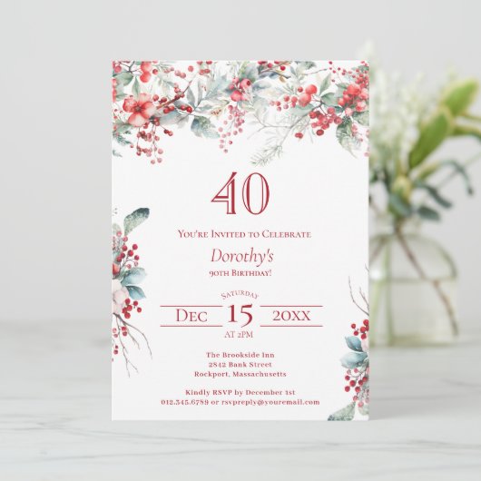 冬エレガントのベリーボタニカル40歳の誕生日 招待状 (スタンド正面)