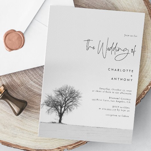 冬エレガントの結婚式 – 白黒のスノーフレーク 招待状