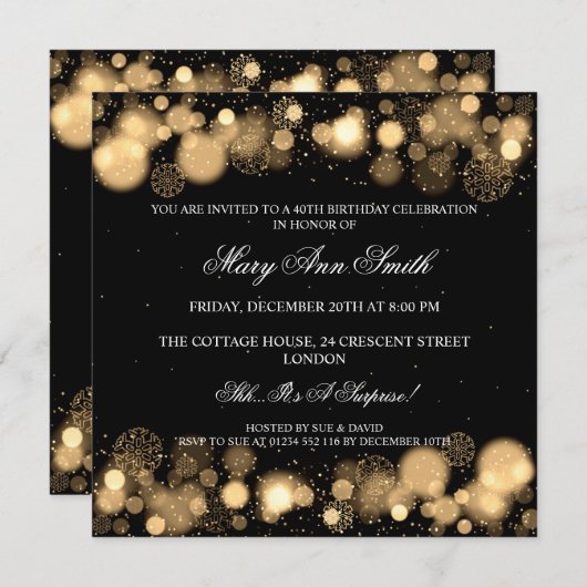 冬エレガントの40歳の誕生日パーティー金ゴールド 招待状 (正面/裏面)