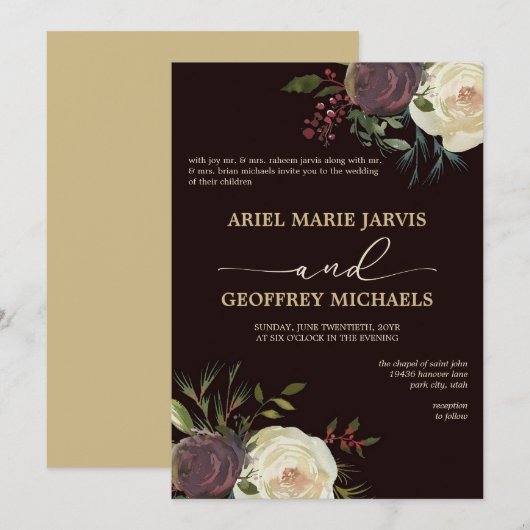 冬エレガントバラ結婚式招待状 招待状 (正面/裏面)