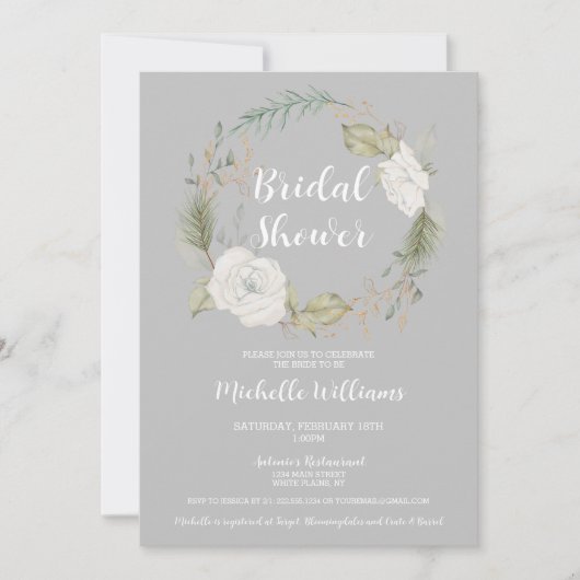 冬エレガントフローラリースブライダルシャワー 招待状 (正面)