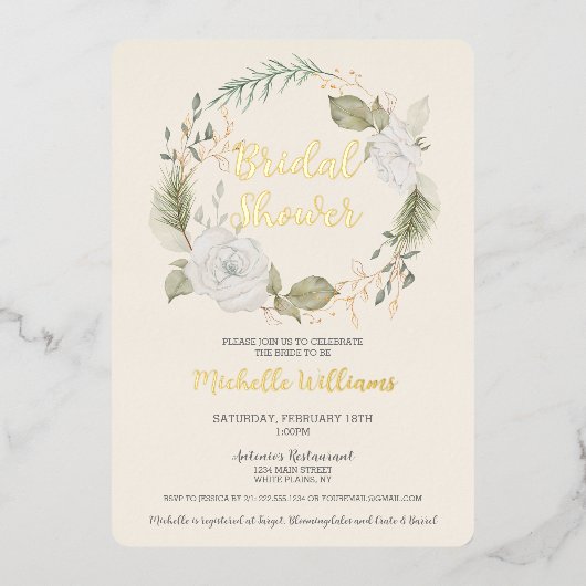 冬エレガントフローラリースブライダルシャワー 箔招待状 (正面)