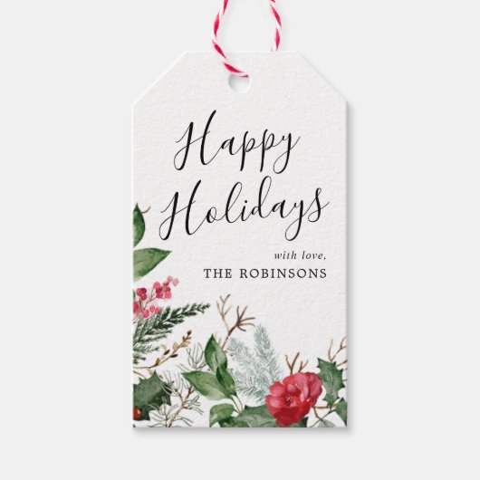 冬エレガント植物群葉ハッピーホリデー ギフトタグ (正面)