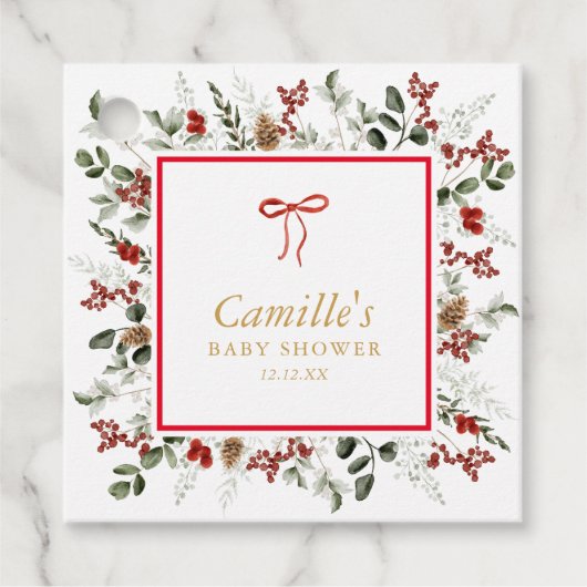 冬エレガント植物赤ちゃんシャワーメッセージカード フェイバータグ (正面)