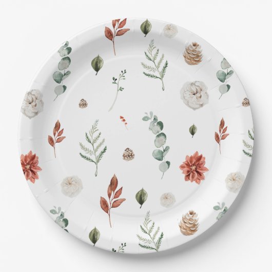 冬エレガント植物赤フローラブライダルシャワー ペーパープレート (正面)