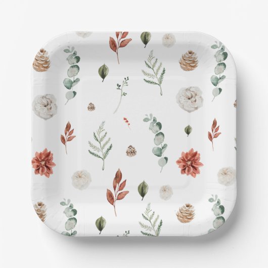 冬エレガント植物赤フローラブライダルシャワー ペーパープレート (正面)