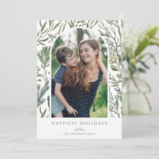 冬エレガント水彩緑色植物写真 シーズンカード (スタンド正面)