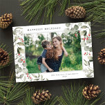 冬エレガント水彩緑色植物写真 シーズンカード<br><div class="desc">クラシックエレガントの白い背景に独身の美しい水色のユーカリ、ホリー、果実で囲まれた横型の写真を収めたホリデーフォトカード。正面の編集可能な挨拶には「最も幸せな休日」と書かれている。カードの背面はフェスティバルの赤い背景で、別の写真や追加文字を追加できる。</div>