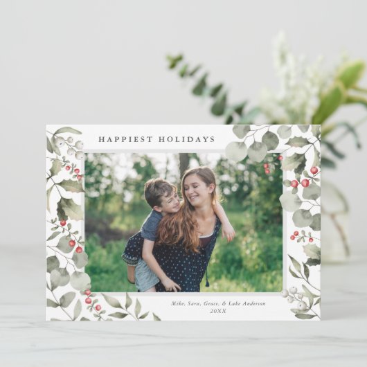 冬エレガント水彩緑色植物写真 シーズンカード (スタンド正面)