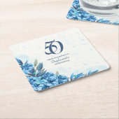 冬エレガント白い青の花50誕生日 スクエアペーパーコースター (アングル)