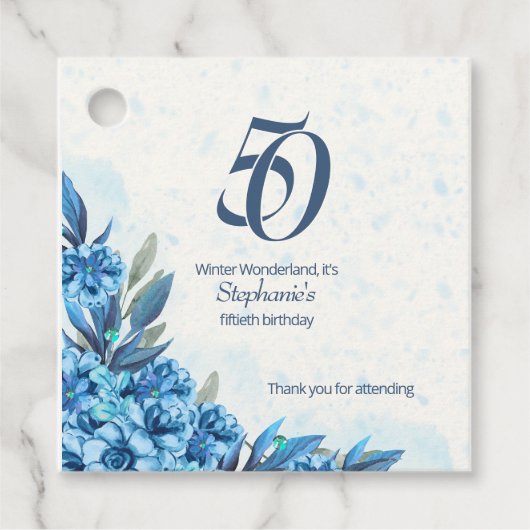冬エレガント白い青の花50誕生日 フェイバータグ (正面)