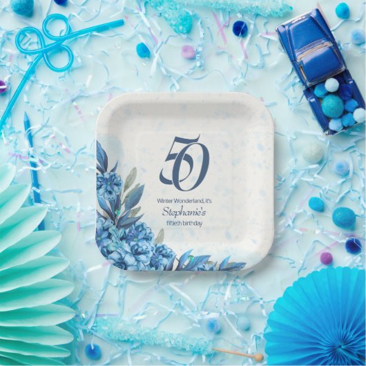 冬エレガント白い青の花50誕生日 ペーパープレート (パーティー)