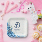 冬エレガント白い青の花50誕生日 ペーパープレート (パーティー)