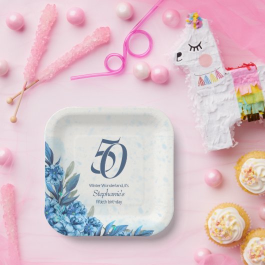 冬エレガント白い青の花50誕生日 ペーパープレート (パーティー)