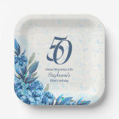 冬エレガント白い青の花50誕生日 ペーパープレート (正面)