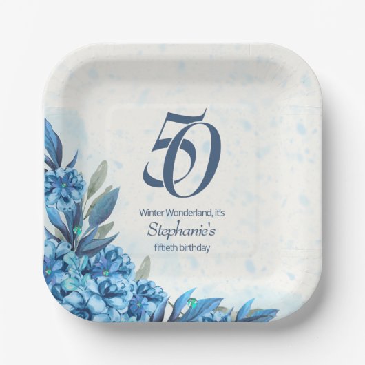 冬エレガント白い青の花50誕生日 ペーパープレート (正面)