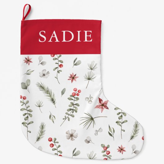 冬エレガント緑植物白 ラージクリスマスストッキング (正面)