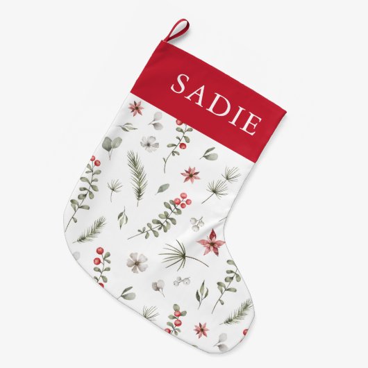冬エレガント緑植物白 ラージクリスマスストッキング (正面 (吊り時))