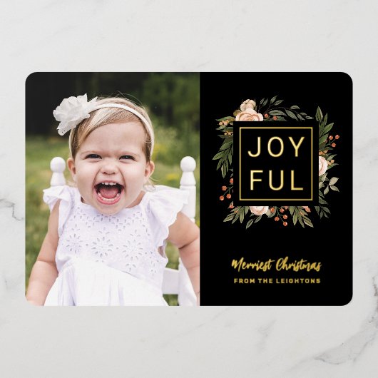 冬エレガント花模様 | Joyful Photo Christmas 箔シーズンカード (正面)