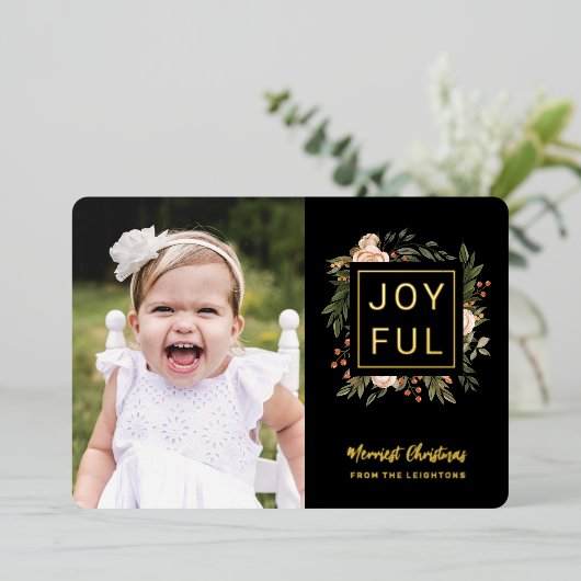 冬エレガント花模様 | Joyful Photo Christmas 箔シーズンカード (立ち正面)