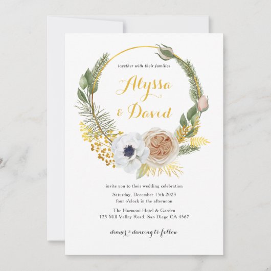 冬エレガント金ゴールドフローラリースモノグラ結婚ム 招待状 (正面)