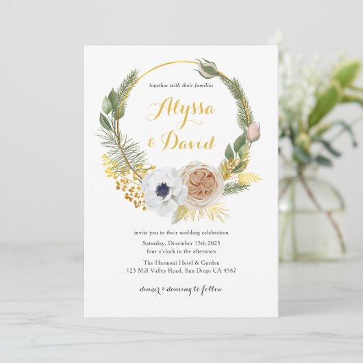 冬エレガント金ゴールドフローラリースモノグラ結婚ム 招待状 (スタンド正面)