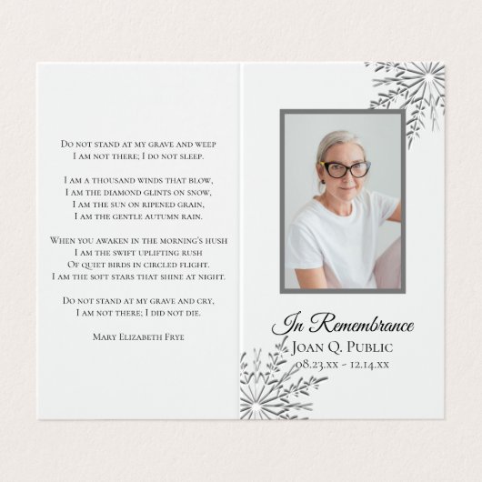 冬エレガント雪片の葬儀記念祈りの言葉 名刺 (外部フラット)