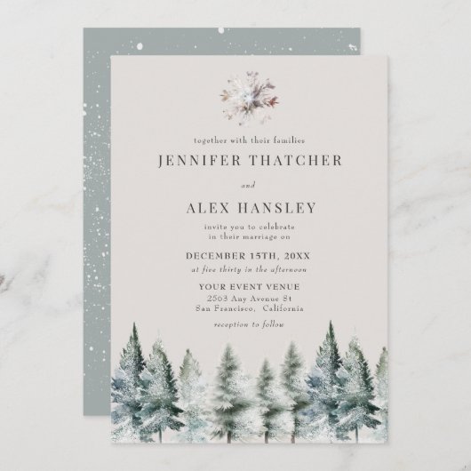冬エレガント雪 | クリスマス結婚式招待状 招待状 (正面/裏面)
