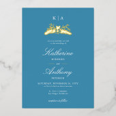 冬エレガント青金ゴールドハートモノグラ結婚ム 箔招待状 (正面)