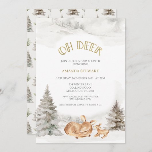 冬オモダンディアファウンベイビーシャワー 招待状 (正面/裏面)