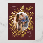 冬オーガニック植物卵形写真マルーン 箔シーズンカード (正面)