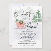 冬オ何おもしろいクリスマスそり最初の誕生日 招待状 (正面)