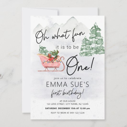 冬オ何おもしろいクリスマスそり最初の誕生日 招待状 (正面)