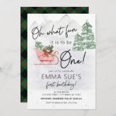 冬オ何おもしろいクリスマスそり最初の誕生日 招待状 (正面/裏面)