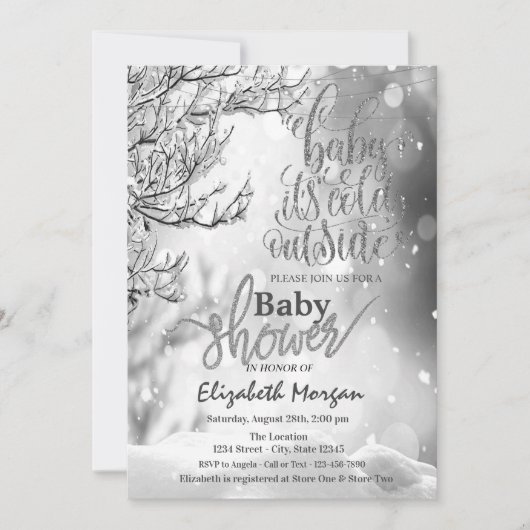 冬カッコいいの木の赤ちゃんシャワー外は寒い 招待状 (正面)