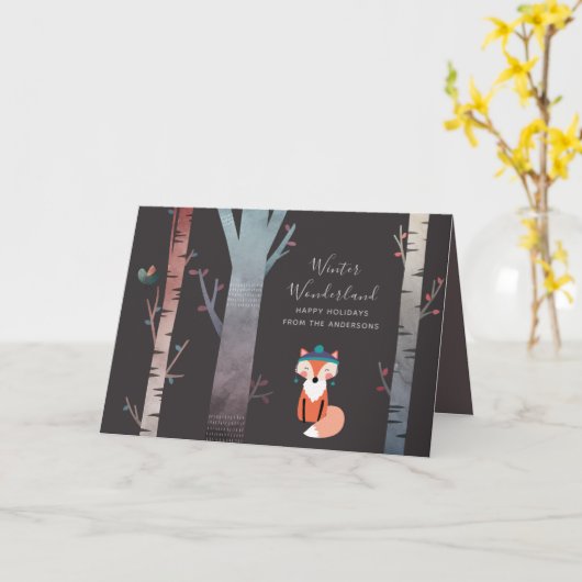 冬キツネモダンクリスマスホリデーカスタムズ カード (黄色い花)