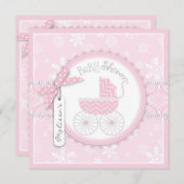 冬キャリッジおよび雪片のプリントのベビーシャワー 招待状 (正面/裏面)