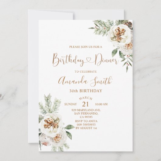 冬クリスマスホワイトフローラ誕生日30thディナー 招待状 (正面)