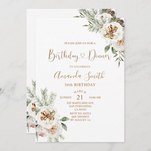 冬クリスマスホワイトフローラ誕生日30thディナー 招待状 (正面/裏面)