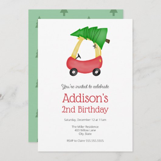 冬クリスマスリトルレッドカーとツリー誕生日 招待状 (正面/裏面)