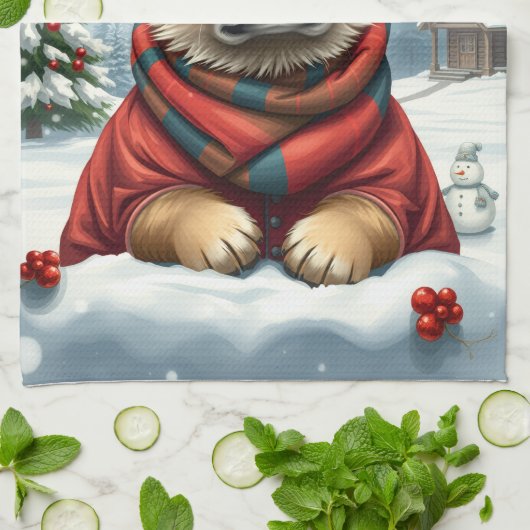 冬クールの装名門私立校風の着と帽子の冬の犬 キッチンタオル (折り畳み)