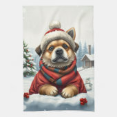 冬クールの装名門私立校風の着と帽子の冬の犬 キッチンタオル (縦)