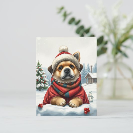 冬クールの装名門私立校風の着と帽子の冬の犬 シーズンポストカード (スタンド正面)