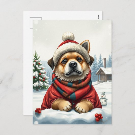 冬クールの装名門私立校風の着と帽子の冬の犬 シーズンポストカード (正面/裏面)