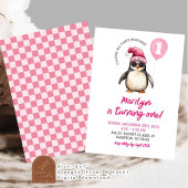 冬クールピンクペンギン第1誕生日ガール 招待状