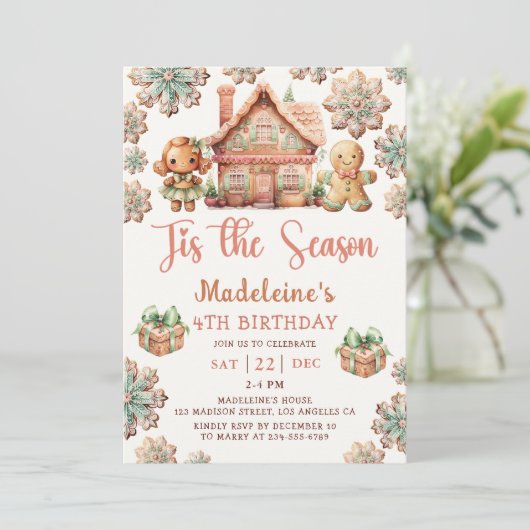 冬ジンジャーブレッドクリスマスクッキー誕生日パーティー 招待状 (スタンド正面)