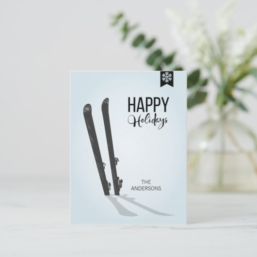 冬スキーのハッピーホリデーズクリスマスポストカード シーズンポストカード (スタンド正面)