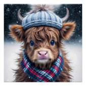 冬スコットランドの高地の牛のかわいい毛深い子牛 ポスター (正面)