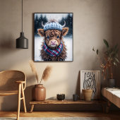 冬スコットランドの高地の牛のかわいい毛深い子牛 ポスター